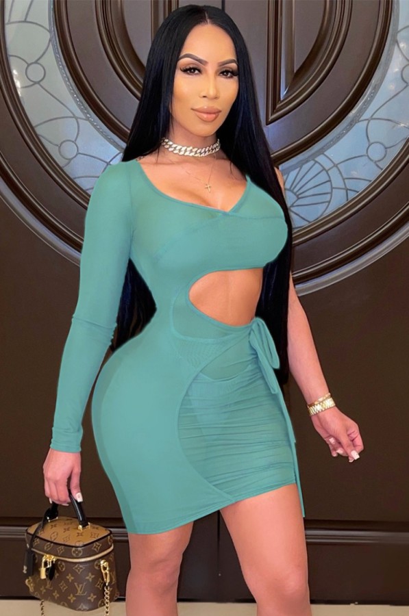 Summer Green Hollow Out Mini Bodycon Dress with Single Sleeve