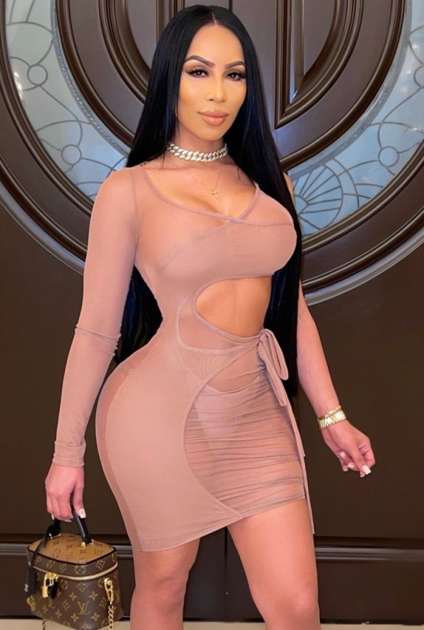 Summer Nude Hollow Out Mini Bodycon Dress with Single Sleeve