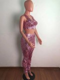 Summer Pink Hollow Out Sexy Sleeveless Crop Top and Pants 2PC Party Set