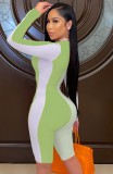 Spring Block Color Long Sleeve Ribbed Zipper Bodycon Rompers