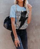 Summer Print Blue O-Neck Cotton Shirt with Short Sleeves