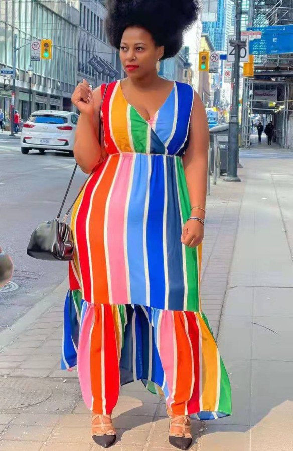 Summer Plus Size Rainbow Stripes Sleeveless Long Maxi Dress