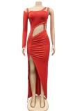 Summer Formal Hollow Out Side Slit Long Party Dress with Single Sleeve