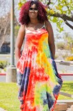 Summer Plus Size Tie Dye Strap Long Maxi Dress