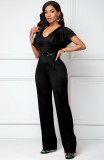 Summer Formal V-Neck Jumpsuit with Ruffle Sleeves