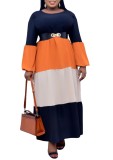 Spring Plus Size Block Color Full Sleeves O-Neck Long Maxi Dress