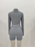 Summer Grey Waffle Long Sleeve Zipped Crop Top and Biker Shorts Matching 2PC Set