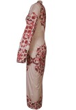 Spring Formal Retro Print Front Slit Long Sleeve Midi Dress