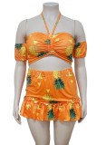 Summer Plus Size Fruit Bandeau Top and High Waist Mini Skirt Matching Set