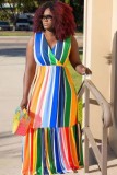 Summer Plus Size Rainbow Stripes Sleeveless Long Maxi Dress