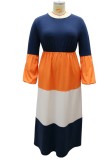 Spring Plus Size Block Color Full Sleeves O-Neck Long Maxi Dress