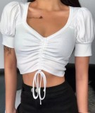 Summer Solid Color Ruched Strings Crop Top with Puff Sleeves