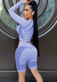 Summer Block Color Long Sleeve Crop Top and Shorts 2pc Sportswear