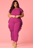 Summer Plus Size Purple Short Sleeve Ruffles Bodycon Jumpsuit