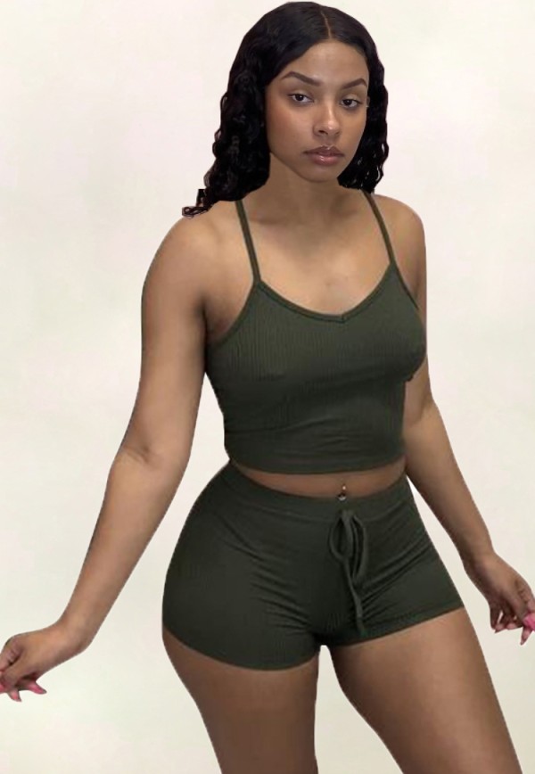 Summer Solid Color Matching Halter Crop Top and Shorts 2pc Set