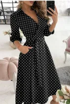 Spring Print Elegant Wrapped Skater Dress with 3/4 Sleeves