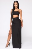 Summer Black Strap Crop Top and Slit Long Maxi Skirt Matching Party Set