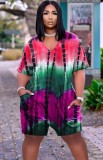 Summer Tie Dye V-Neck Loose Rompers with Pockets
