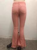 Summer Light Pink High Waist Ripped Flare Jeans