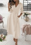 Spring Solid Color Elegant Wrapped Skater Dress with 3/4 Sleeves