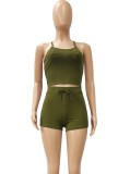Summer Solid Color Matching Halter Crop Top and Shorts 2pc Set