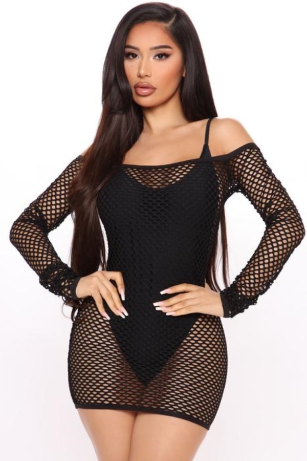 Summer 2 Piece Black Strap Bodysuit with Matching Fishnet Dress