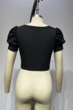Summer Solid Color Ruched Strings Crop Top with Puff Sleeves