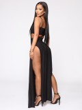 Summer Black Strap Crop Top and Slit Long Maxi Skirt Matching Party Set