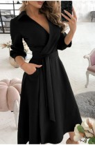 Spring Solid Color Elegant Wrapped Skater Dress with 3/4 Sleeves
