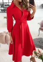 Spring Solid Color Elegant Wrapped Skater Dress with 3/4 Sleeves