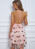 Summer Party Sequins Pink Mesh Halter Skater Dress