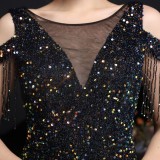 Summer Formal Sequins Cut Out Shoulder Tassels Evening Dress