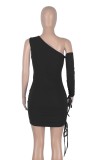 Summer Black Sexy Cut Out One Shoulder Ruched Bodycon Dress with Single Sleeve