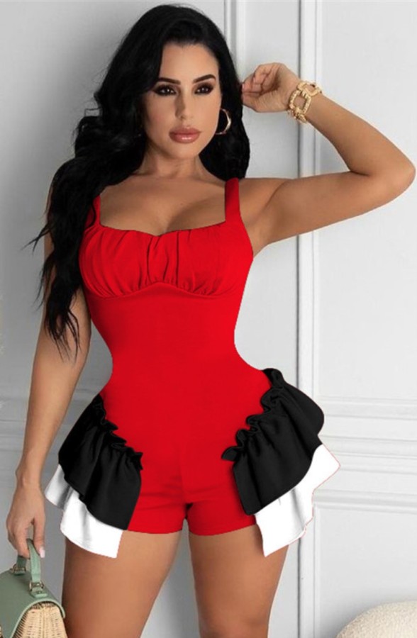 Summer Red Strap Ruffles Bodycon Rompers