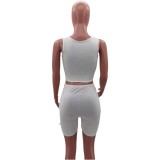 Summer White Matching Sexy Lace Up Crop Top and Shorts 2pc Set