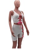 Summer White Matching Sexy Lace Up Crop Top and Shorts 2pc Set