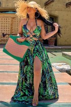 Vestido longo maxi para praia com estampa de chiffon verde com halter alto e estampa de verão