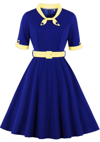 Summer Blue Short Sleeves Vintage Prom Dress