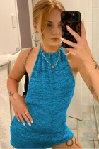 Summer Casual Knitting Blue Sexy Backless Halter Mini Dress