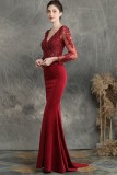 Summer Lace Upper Long Sleeve V-Neck Red Mermaid Evening Dress