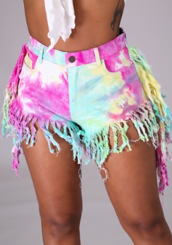 Summer Tie Dye High Waist Fringe Denim Shorts
