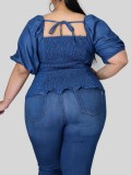 Summer Plus Size Knotted Blue Denim Blouse with Short Sleeves