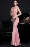 Summer Lace Upper Sleeveless Pink Mermaid Evening Dress