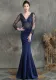 Summer Lace Upper Long Sleeve V-Neck Blue Mermaid Evening Dress