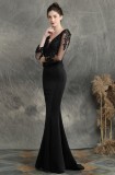 Summer Lace Upper Long Sleeve V-Neck Black Mermaid Evening Dress