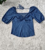 Summer Plus Size Knotted Blue Denim Blouse with Short Sleeves