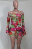 Summer Print Sexy Off Shoulder Ruched Strings Mini Dress with Bell Sleeve Cuffs
