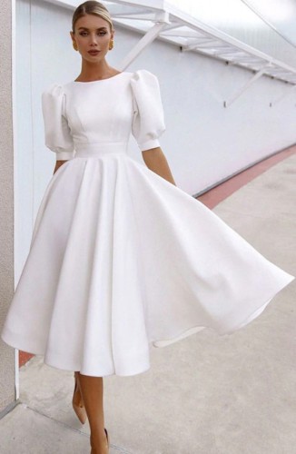 Summer Formal White Puff Sleeve O-Neck Prom Dress