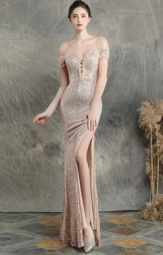 Summer Sequins Sweetheart Lace-Up Slit Evening Dress