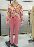 Summer Elegant Floral Blouse and Solid Pants 2PC Suit